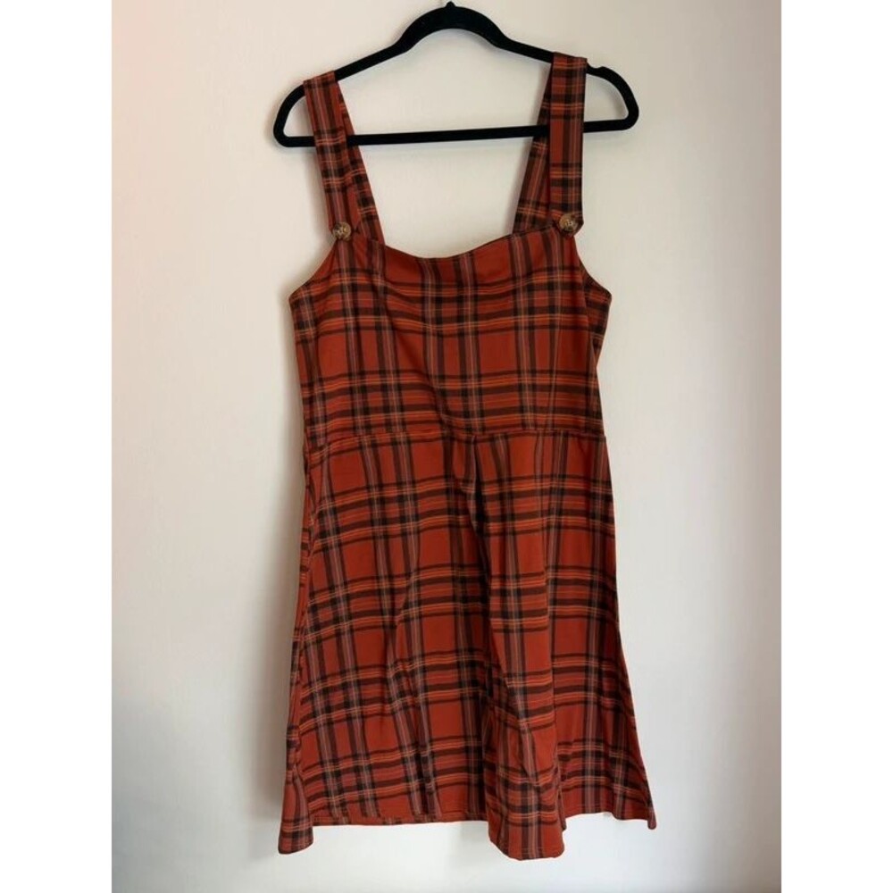 Boohoo Womens US 16 Rust Orange Plaid Pinafore Dress Button Strap A Line
